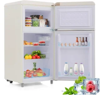 Retro koelkast dubbele deur 72L met vriezer 21L energieklasse E