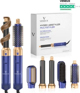 VENEUX® Föhnborstel - Airstyler - Krulborstel - Warmteborstel - 5 in 1 Multistyler - Zwart Met Goud - 2025 Editie