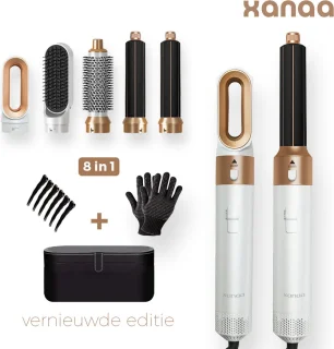 XANAA® - 5 in 1 multi styler Pro Wit met goud - met luxe opbergdoos zwart - Fohnborstel - 2025 versie - Multistyler - Föhn - Airstyler - Heteluchtborstel - Krulborstel - Hairstyler - krultang 5 in 1 - Hairwrap met 65.000RPM met warmte tot 110 graden.