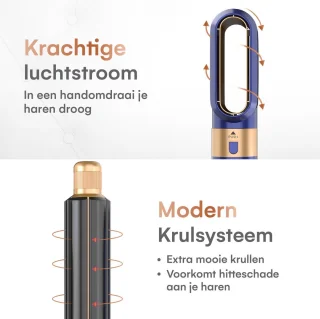 VENEUX® 5 in 1 Föhnborstel - Airstyler - Krulborstel - Multistyler - Diffuser Föhn - Blauw Goud