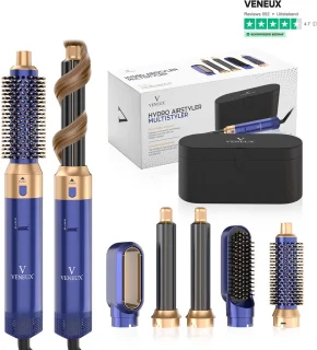 VENEUX® 5 in 1 Föhnborstel - Airstyler - Krulborstel - Multistyler - Diffuser Föhn - Blauw Goud