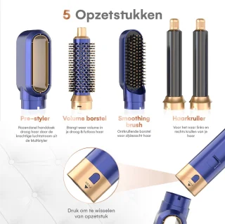 VENEUX® 5 in 1 Föhnborstel - Airstyler - Krulborstel - Multistyler - Diffuser Föhn - Blauw Goud