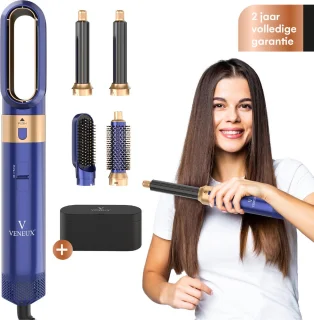 VENEUX® 5 in 1 Föhnborstel - Airstyler - Krulborstel - Multistyler - Diffuser Föhn - Blauw Goud