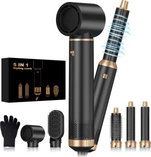 UKLISS 5-in-1 Airstyler - Multistyler - Stijltang & Krultang in één – Krulborstel met 5 Opzetstukken – Fohnborstel - Föhn met 3 Warmtestanden tot 100ºC– Nieuwste 2025 Model – Incl. Haarclips & Handschoen