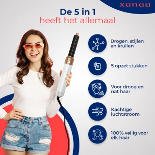 XANAA® - 5 in 1 Multistyler Airstyler Wit met goud - Föhnborstel - 2025 Editie - Heteluchtborstel & Krulborstel & Fohnborstel - Professionele Hairwrap tot 110°C - 65.000 RPM - 5 in 1 multi styler