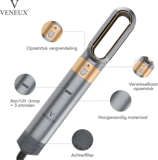 VENEUX® 5 in 1 Föhnborstel - Airstyler - Krulborstel - Multistyler - Diffuser Föhn - Grijs Goud
