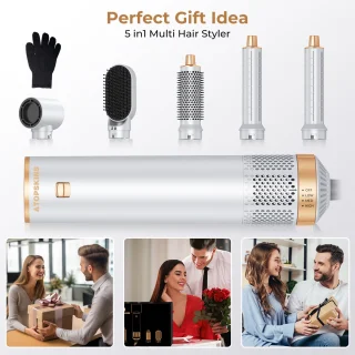 5 in 1 Airstyler-Föhnborstel & Krulborstel - Krultang 5 in 1 Multistyler - Hairwrap - Haarstyler-Heteluchtborstel-Inclusief leren opbergcase