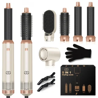 Golden Goods® Airstyler - Multistyler - Föhnborstel Sandstone- Krultang 5 in 1 - Krulborstel tot 110ºC - Hairwrap Föhn met 5 opzetstukken - 1000W Haardroger Styler - Incl. Hittebestendige Handschoen