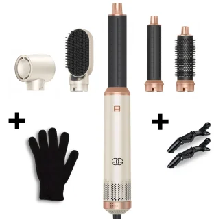 Golden Goods® Airstyler - Multistyler - Föhnborstel Sandstone- Krultang 5 in 1 - Krulborstel tot 110ºC - Hairwrap Föhn met 5 opzetstukken - 1000W Haardroger Styler - Incl. Hittebestendige Handschoen