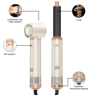 Golden Goods® Airstyler - Multistyler - Föhnborstel Sandstone- Krultang 5 in 1 - Krulborstel tot 110ºC - Hairwrap Föhn met 5 opzetstukken - 1000W Haardroger Styler - Incl. Hittebestendige Handschoen