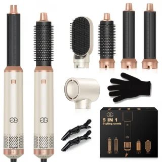 Golden Goods® Airstyler - Multistyler - Föhnborstel Sandstone- Krultang 5 in 1 - Krulborstel tot 110ºC - Hairwrap Föhn met 5 opzetstukken - 1000W Haardroger Styler - Incl. Hittebestendige Handschoen