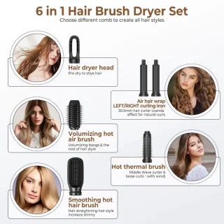 Elektrische Föhnborstel – Föhn - Borstel - Haarstyling - Haarföhn - Krultang - 6-in-1 Hetelucht Borstel – Haarstyling Set – Roterende Stijltang & Krultang – Met Opzetstukken – Professionele Haarföhn – Wit/Goud