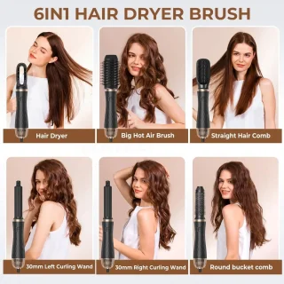 Elektrische Föhnborstel – Föhn - Borstel - Haarstyling - Haarföhn - Krultang - 6-in-1 Hetelucht Borstel – Haarstyling Set – Roterende Stijltang & Krultang – Met Opzetstukken – Professionele Haarföhn – Wit/Goud