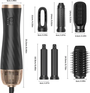 Elektrische Föhnborstel – Föhn - Borstel - Haarstyling - Haarföhn - Krultang - 6-in-1 Hetelucht Borstel – Haarstyling Set – Roterende Stijltang & Krultang – Met Opzetstukken – Professionele Haarföhn – Wit/Goud