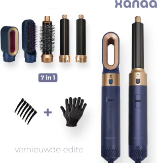 XANAA® - 5 in 1 multi styler Pro - Blauw met goud - Fohnborstel - 2025 editie - Multistyler - Föhn - Airstyler - Heteluchtborstel - Krulborstel - Hairstyler - krultang 5 in 1 - Hairwrap met 65.000 RPM met warmte tot 110 graden. Geschikt voor kapsalon