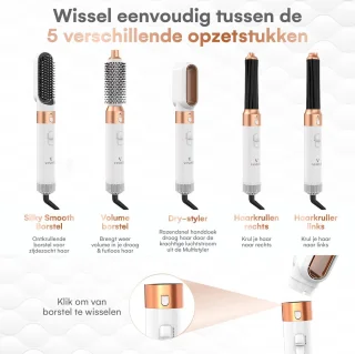 VENEUX® Föhnborstel - Airstyler - Krulborstel - Warmteborstel - 5 in 1 Multistyler - Wit Met Goud - 2025 Editie