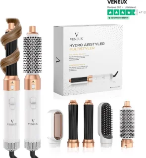 VENEUX® Föhnborstel - Airstyler - Krulborstel - Warmteborstel - 5 in 1 Multistyler - Wit Met Goud - 2025 Editie