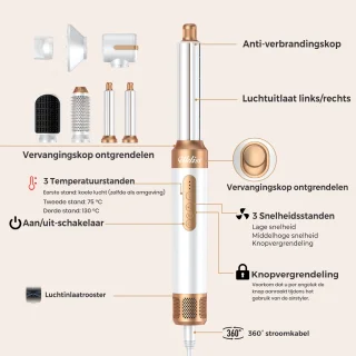 UKLISS Straight+Wavy - Multistyler Hairdryer brush - Airstyler - Curling iron - Curling Brush - 7 in 1 Multistyler - 7 Attachments + Handschoenen + Geschenkdoos