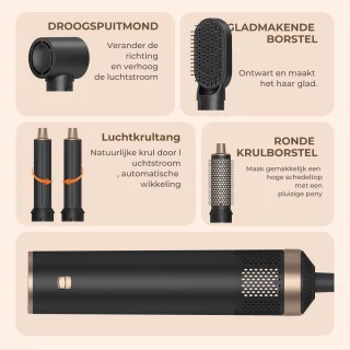 UKLISS 5 in 1 Multistyler - Krultang - Fohnborstel - Krultang 5 in 1 - Multistyler - Airstyler - Fohn - Haarborstel - Hairwrap - Krulborstel - 5 Opzetstukken + Black Opbergdoos – 360° Roterende Kabel
