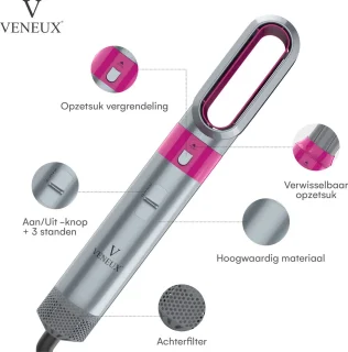 VENEUX® 5 in 1 Föhnborstel - Airstyler - Krulborstel - Multistyler - Diffuser Föhn - Grijs Roze
