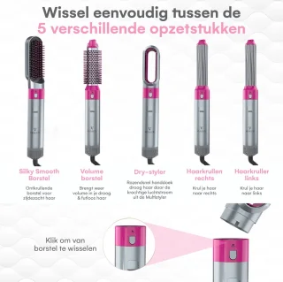 VENEUX® 5 in 1 Föhnborstel - Airstyler - Krulborstel - Multistyler - Diffuser Föhn - Grijs Roze