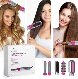 VENEUX® 5 in 1 Föhnborstel - Airstyler - Krulborstel - Multistyler - Diffuser Föhn - Grijs Roze