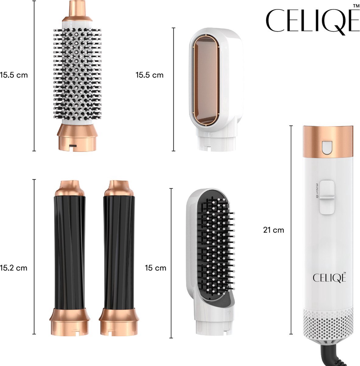 Wat vinden we goed aan de Celiqe™ 5-in-1 Föhnborstel Warmteborstel Bruin/Wit-Goud Met Opbergcase