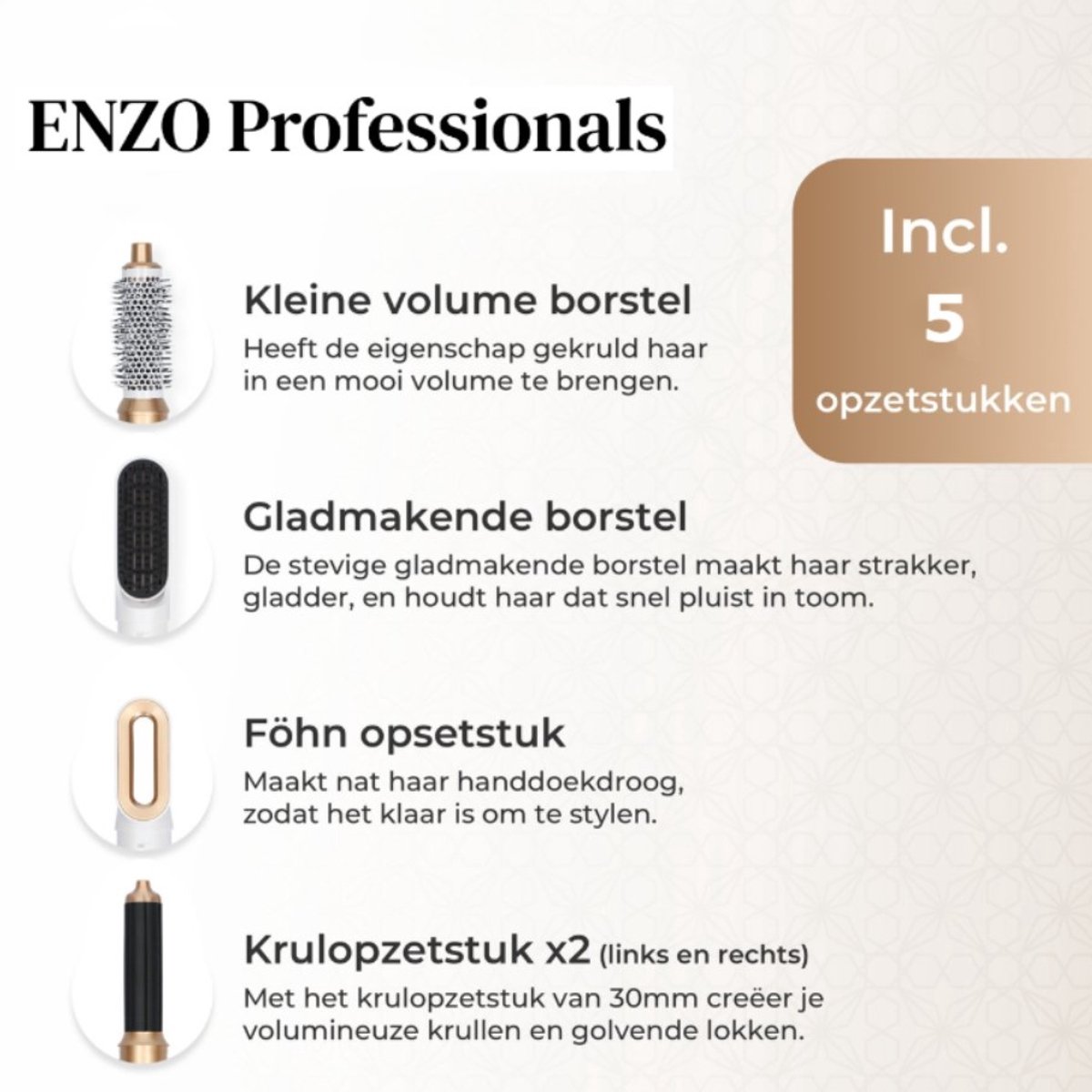 Wat vinden we goed aan de ENZO Luxe 5-in-1 Multistyler met Opzetstukken en Opbergdoos