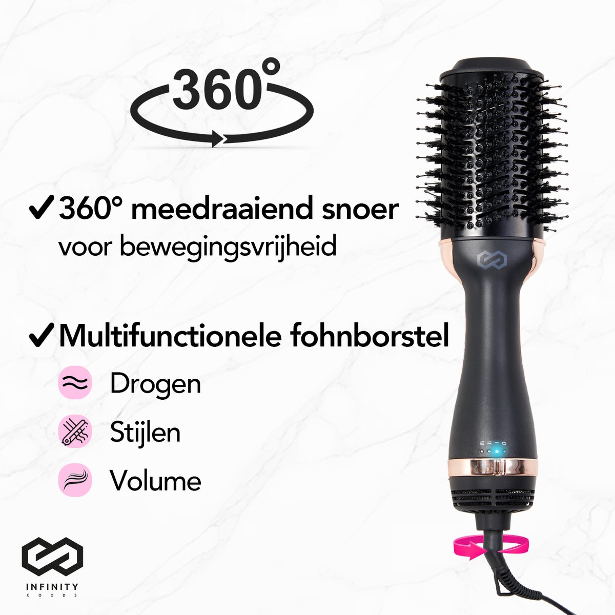 Wat vinden we goed aan de Infinity Goods 4-in-1 Föhnborstel Keramische Zwart/Goud 1200W