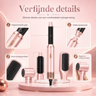 Pink multistyler föhnborstel 5-in-1 met opzetstukken en opbergdoos