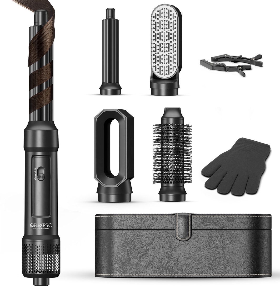 De QFLEX PRO Airstyler Multistyler inclusief opbergbox en haarclips in één oogopslag