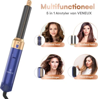VENEUX® 5-in-1 Airstyler Föhnborstel Blauw Goud