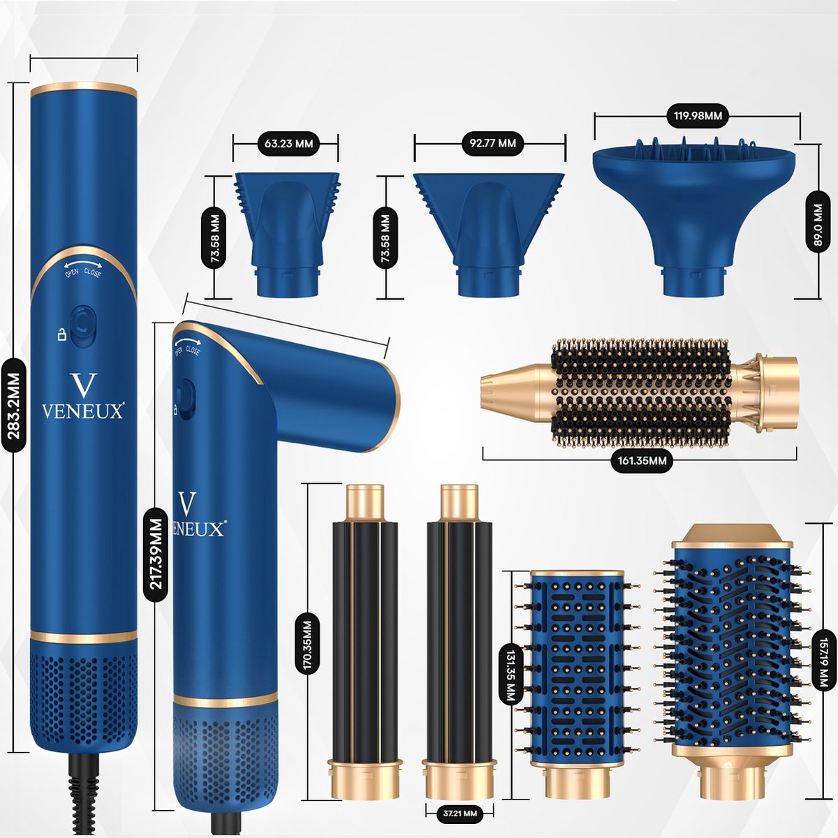 Wat vinden we goed aan de VENEUX® 8-in-1 Airstyler Blauw/Goud