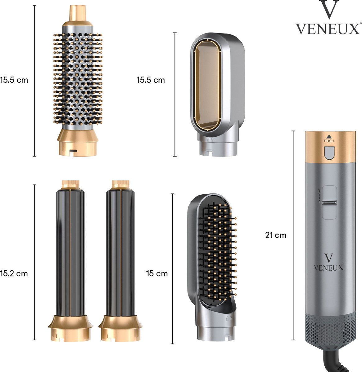 Wat vinden we goed aan de VENEUX Föhnborstel 5-in-1 Multistyler Grijs Goud
