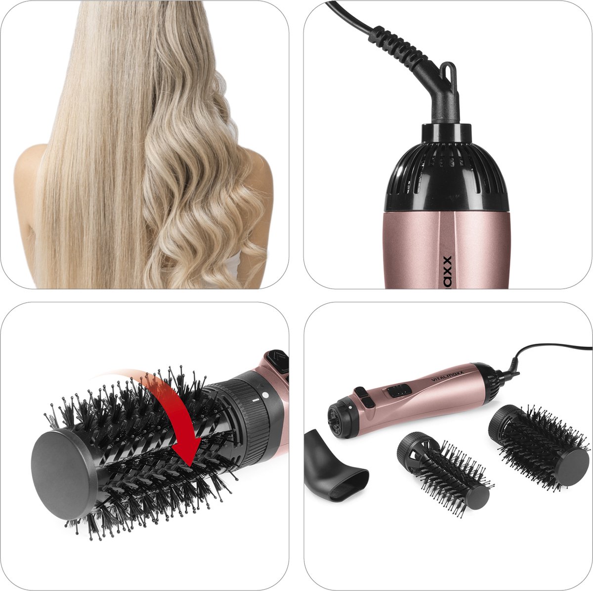 Wat vinden we goed aan de VITALmaxx stylingborstel met 3 opzetstukken antraciet/roze goud