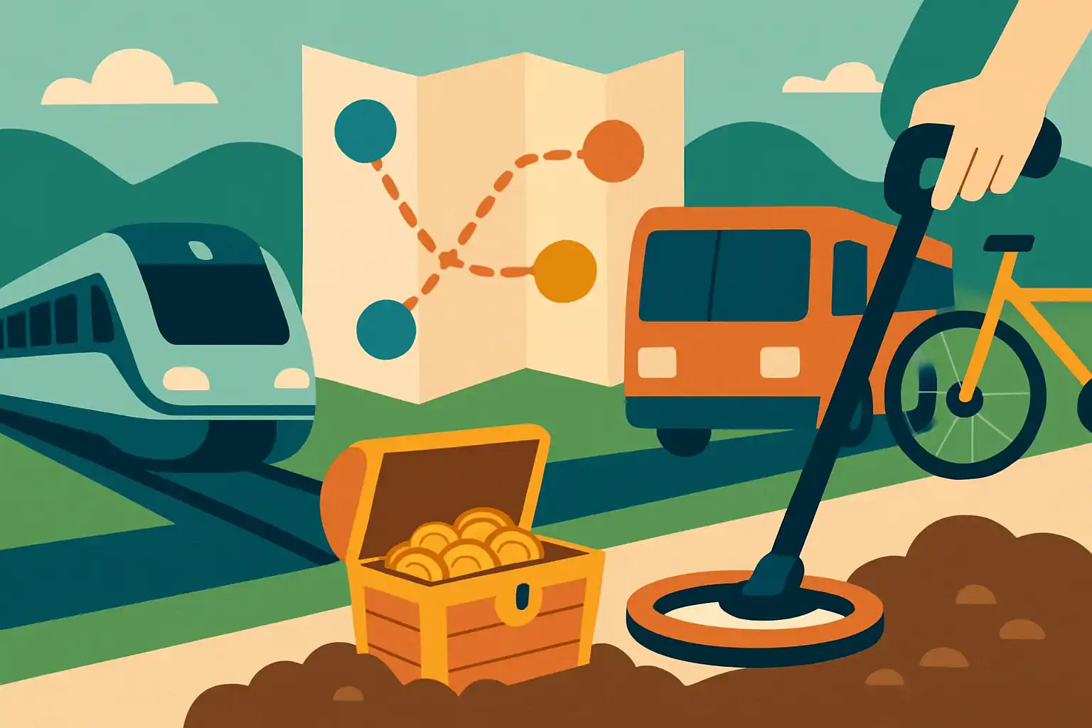 Schatzoeken zonder auto: zo plan je metaaldetectietochten met trein, bus en fiets