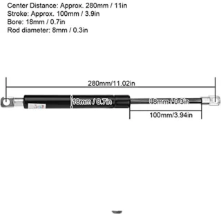Hydraulische gasdrukveren/veerpoten/propeller/veerpoot/schokbreker veerpoot voor snackwagen, driewieler tot deur, reclamestrip, klapdeur kap 280 mm hartafstand 100 mm slag (100N)