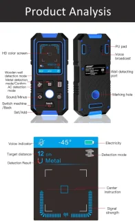 Multifunctionele wandscanner – Metaaldetector en leidingzoeker – Hout, metaal en stroomdraden detectie – 3 detectiemodi – Dieptemeting tot 120 mm – Professioneel – Voor interieur en installatie