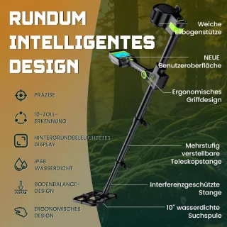 Metaaldetector voor volwassenen en kinderen - draadloze waterdichte gouddetector met LCD-display, 10 inch spoel en 4 detectiemodi