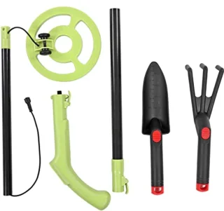 Children Metal Detector, Adjustable Stem Metal Detector for Adults, 3KHz 270mW High Accuracy Gold Detector with Waterproof Coil, for Coin Beach Treasures (Shovel with Green Detector Rake)