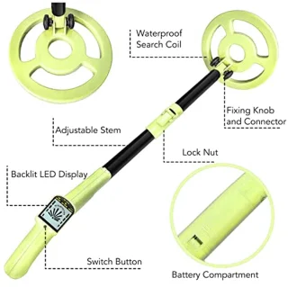 Children Metal Detector, Adjustable Stem Metal Detector for Adults, 3KHz 270mW High Accuracy Gold Detector with Waterproof Coil, for Coin Beach Treasures (Shovel with Green Detector Rake)
