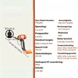 Metaaldetector - Metaalzoekapparaat voor professionals - Hoge nauwkeurigheid - Oplaadbaar - LCD-scherm - Verstelbaar 38-49in - 8in spoel - Zwart en oranje