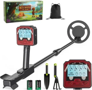 Metaaldetector voor kinderen - lichte detector met lcd-display en geluidsweergave - IP68 waterdicht en hoge gevoeligheid - 2 modi - schatkistset voor kinderen - goudzoeker (rood)