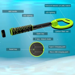 Underwater Metal Detector IP68 Waterproof Handheld ABS Housing for Diving