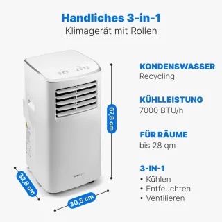 Mobiele airconditioner tot 28 m² | 3-in-1 koelen, ontvochtigen, ventileren | Stil, met timer en afstandsbediening | 7000 BTU