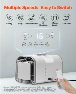 Mobiele Airconditioner met 4250 BTU, 3 Snelheidsinstellingen en 24-uurs timer, Bediening met Afstandsbediening, Temperatuurbereik van 16-32 °C, Afmetingen: 510x270x315 mm