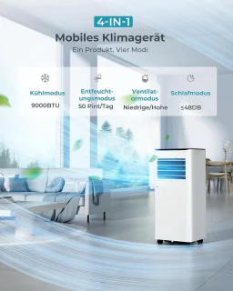 Mobiele airconditioner 9000 BTU - Stille 4-in-1 Koeling voor Ruimtes tot 25 m²