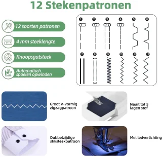 Naaimachine - 12 Steken - LED Verlichting - Voetpedaal - Naaimachine kinderen - Hobby & Creatief - Wit