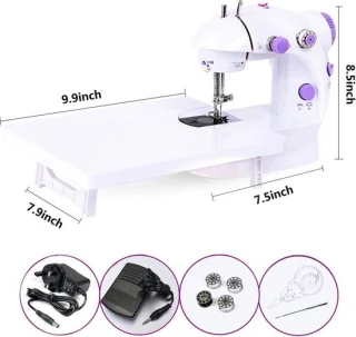 Miniatuur Naaimachine met Verlengtafel en Naaimachine Accessoires Katoenen Stof Twee Draden Dubbele Snelheid Dubbele Schakelaars Huishouden Kinderen Beginners Reizen Automatische Naaimachine