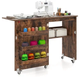 Inklapbare Naaimachinekast met Wielen – 2-in-1 Houten Bureau en Opbergmeubel voor Thuis en Kantoor